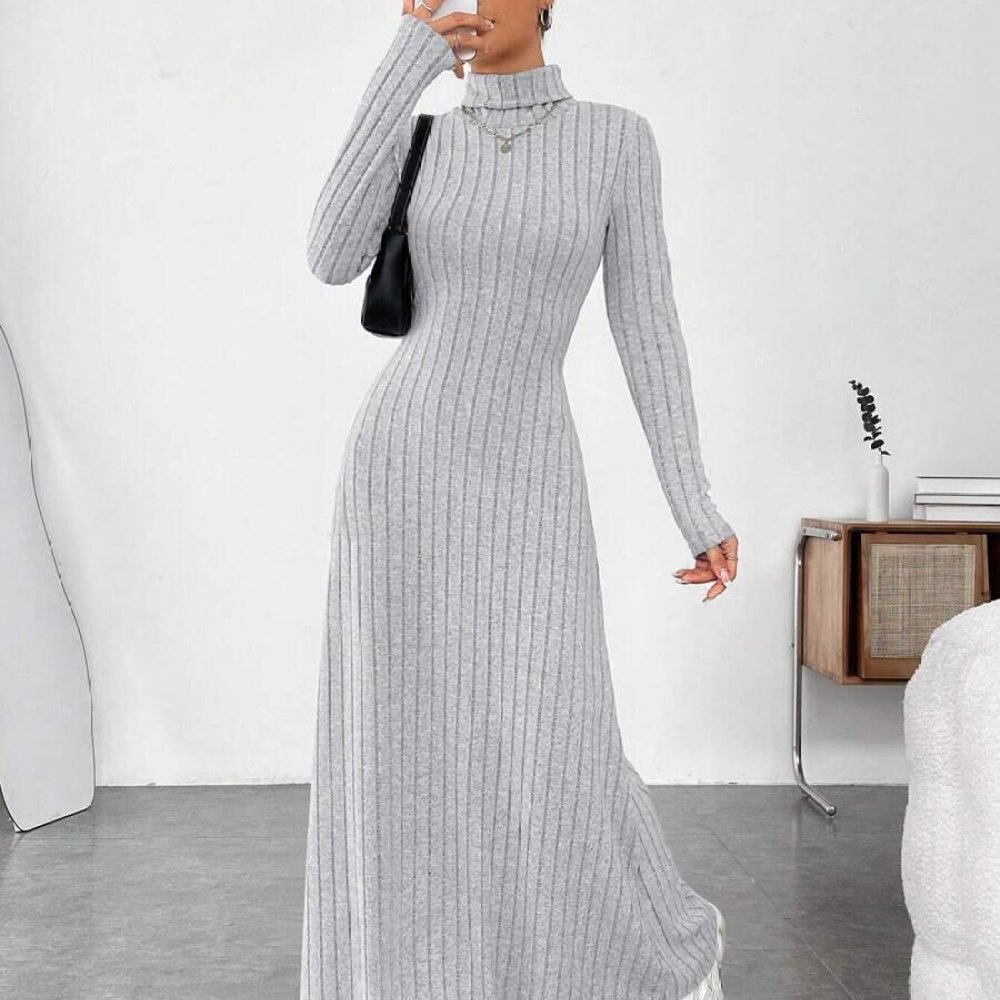 Bodycon Long Sleeve Ribbed Dress - Elegant Autumn High Collar Long Sleeve