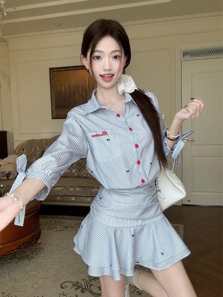 Korean Style A Line Shirt Dress - Korean Style Casual Striped Shirt Dress