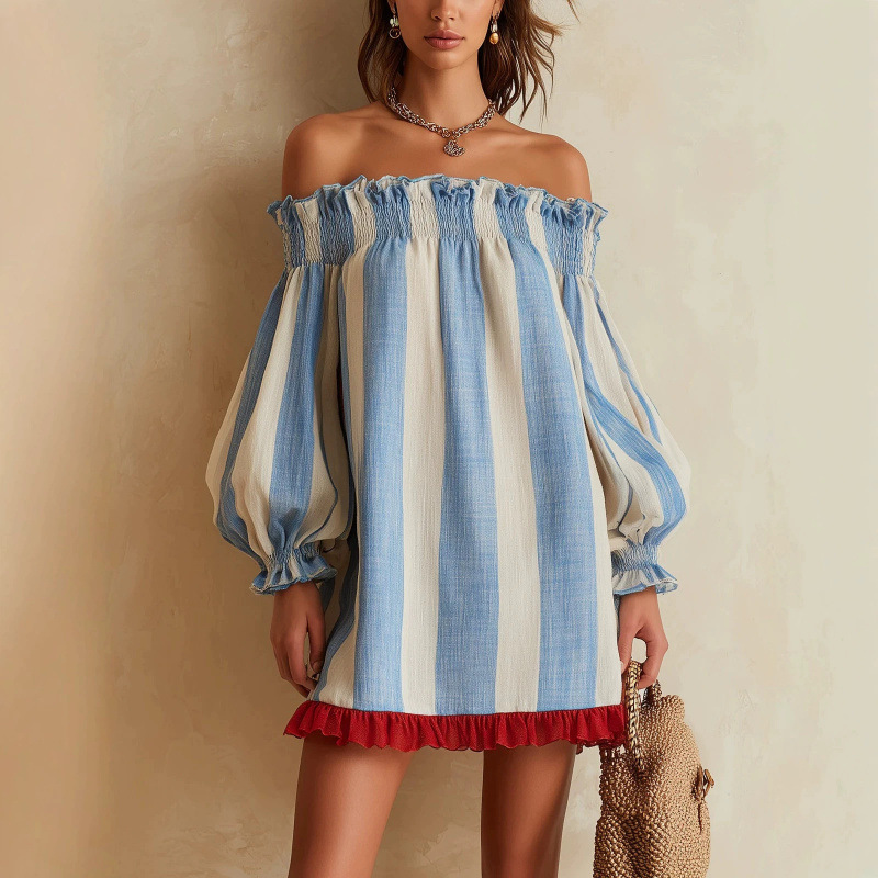 Off Shoulder Puff Sleeve Sundress - 2026 Women Off‑the‑Shoulder Dress Blue Beige