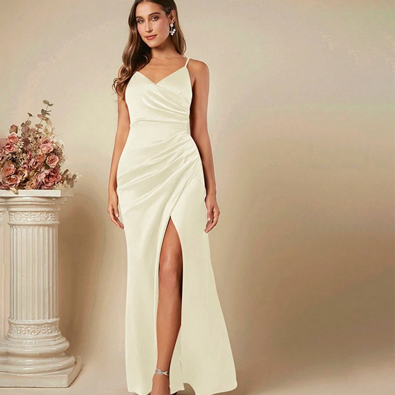 Elegant Satin Evening Gown Split - Women Elegant Satin Suspender Dress 2025