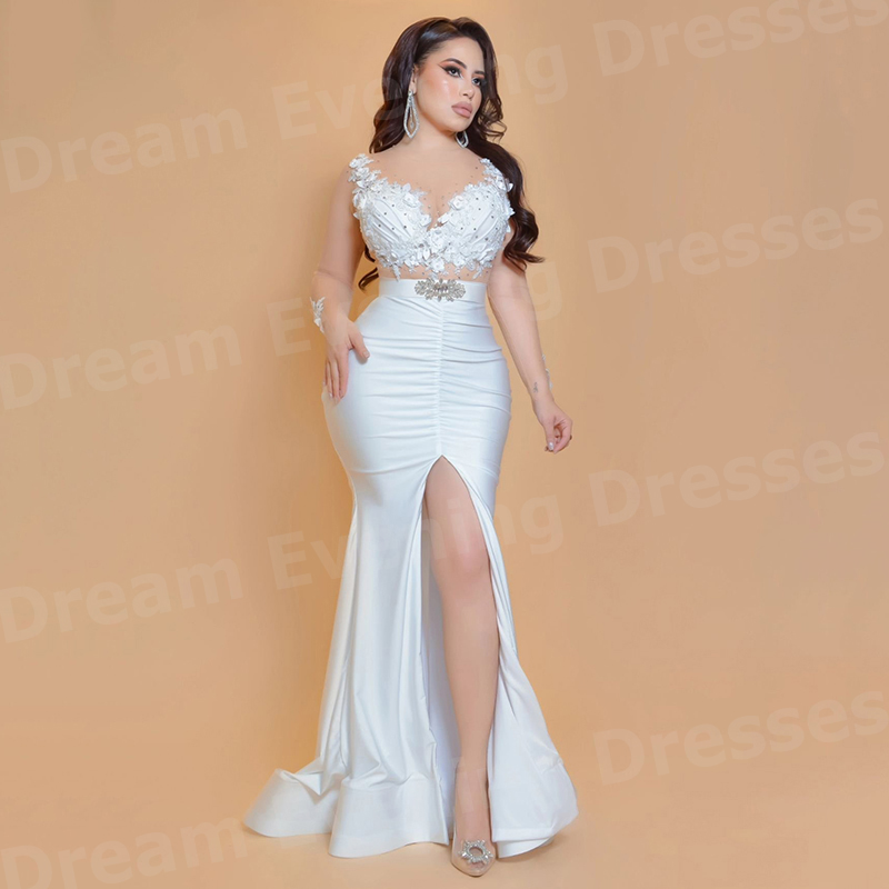 Elegant Satin Evening Gown Split - Elegant White Mermaid Women's Evening Dresses