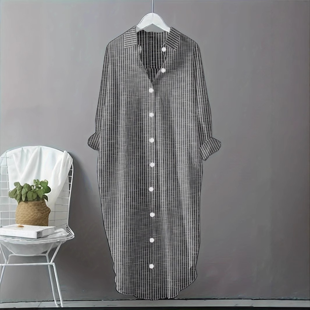 Casual Loose Linen Shirt Dress - Vintage Cotton Linen Striped Shirt Dress