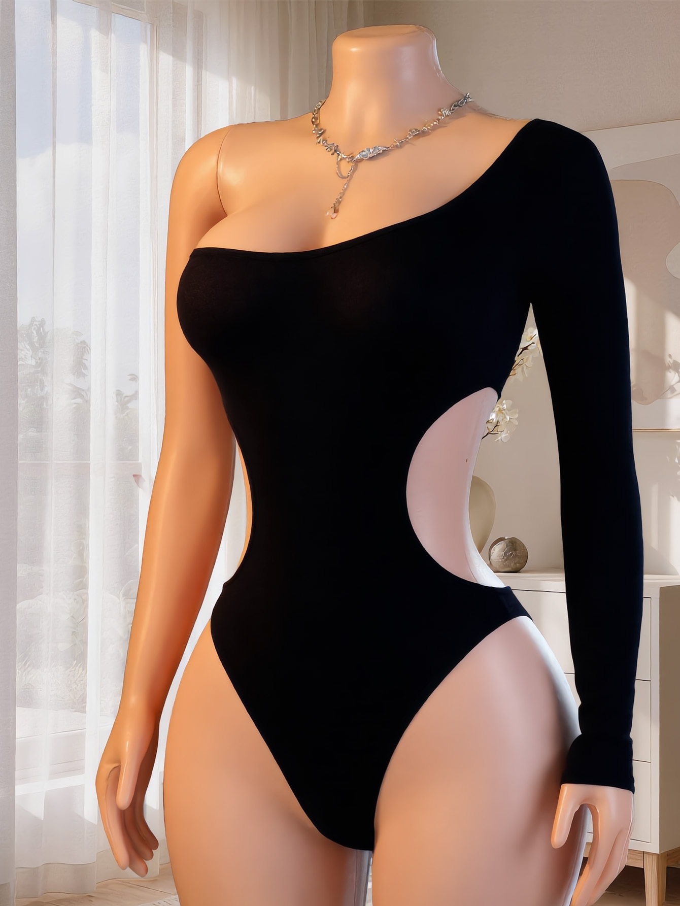 Lingerie - Women One Shoulder Long Sleeve Bodysuit