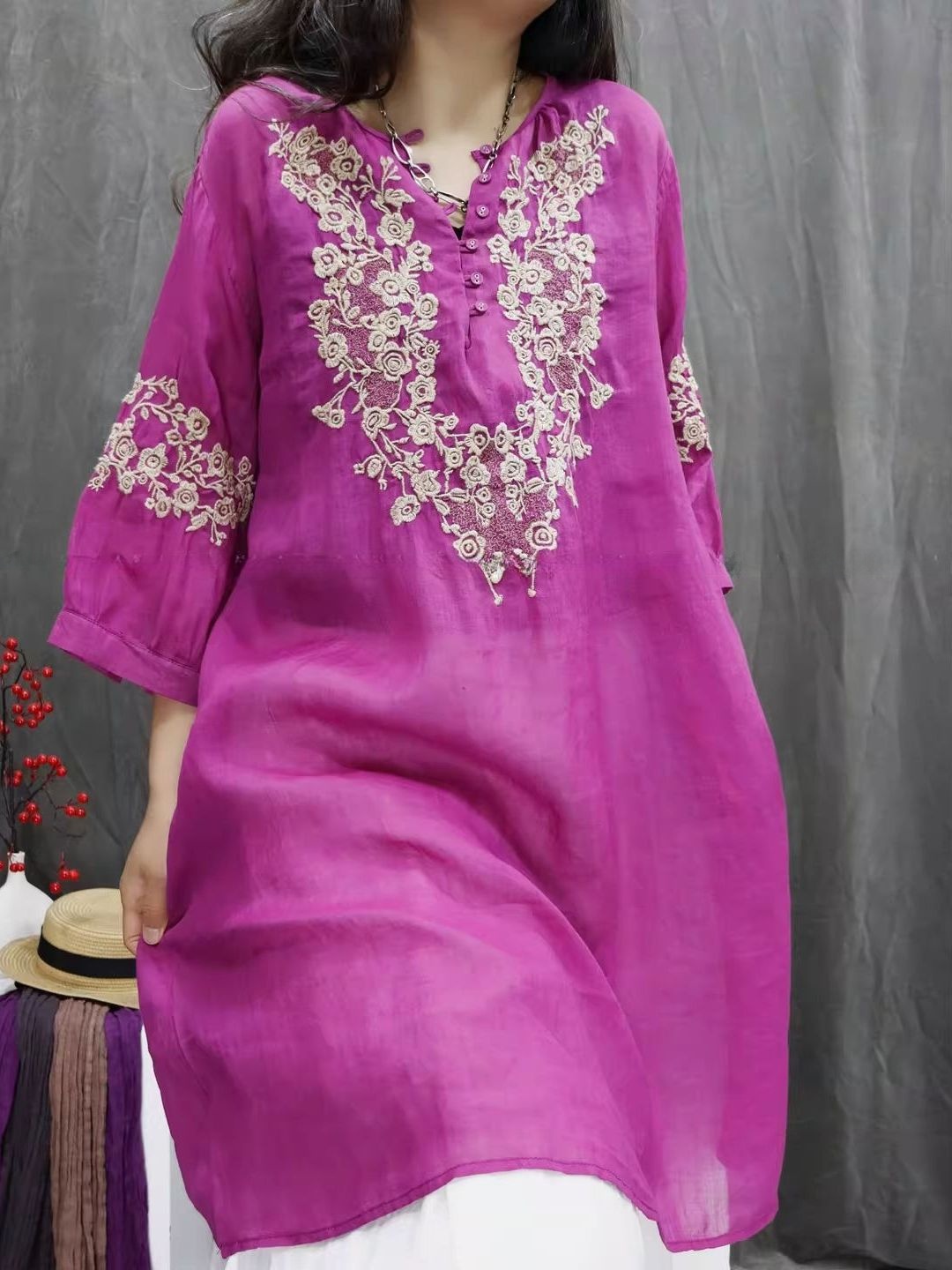 Casual Loose Linen Shirt Dress - Retro Cotton Linen Embroidered Top Versatile