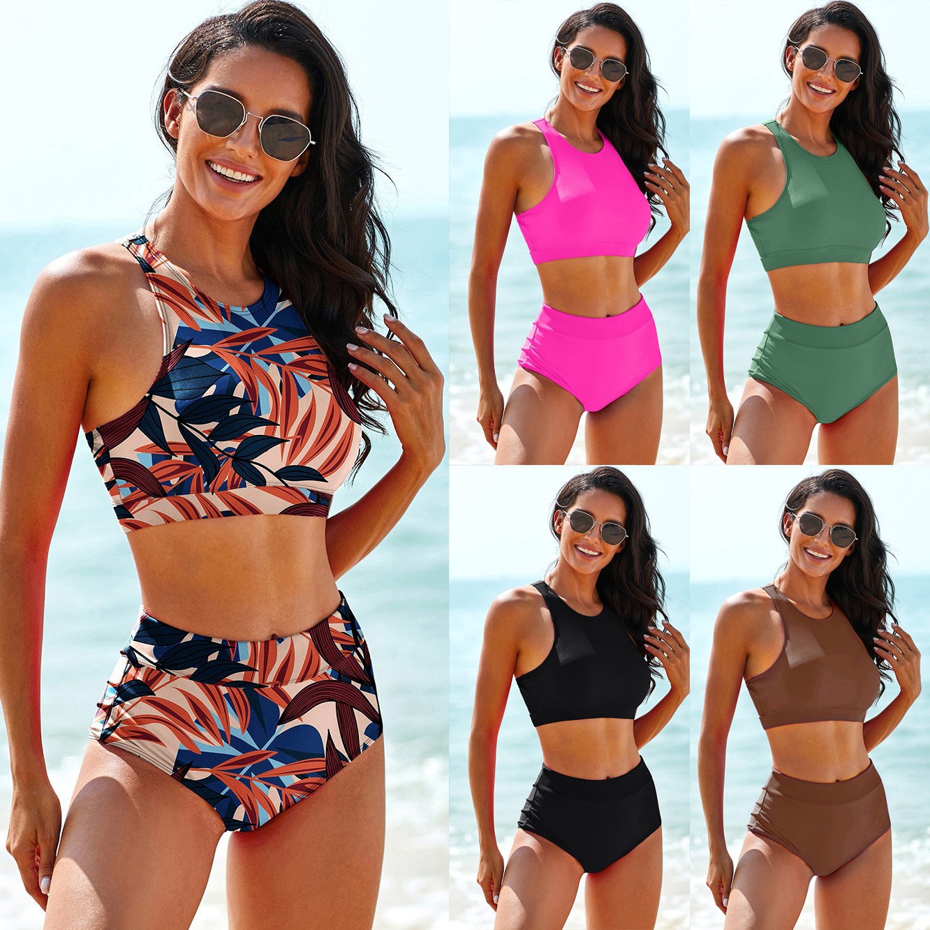 Tops - Woman Swimsuits Solid Color Tankini Tropical
