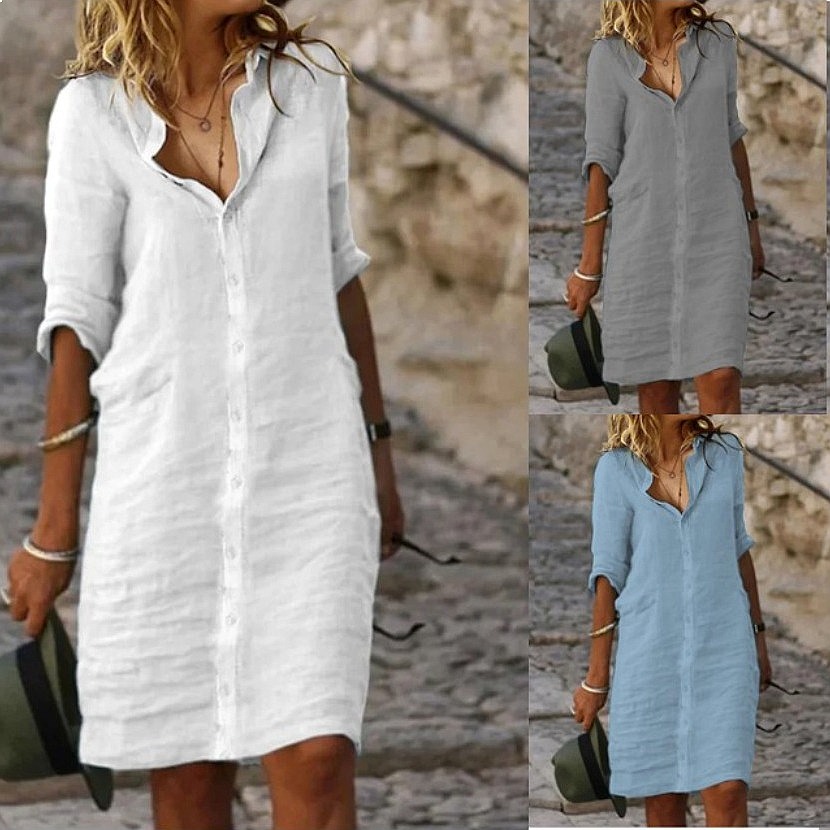 Casual Loose Linen Shirt Dress - Loose Fit Button Down Midi Shirt