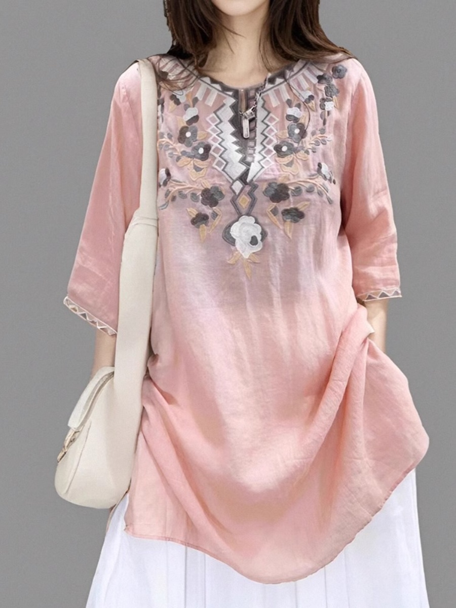 Casual Loose Linen Shirt Dress - Elegant Embroidered Linen Shirt Dress Women