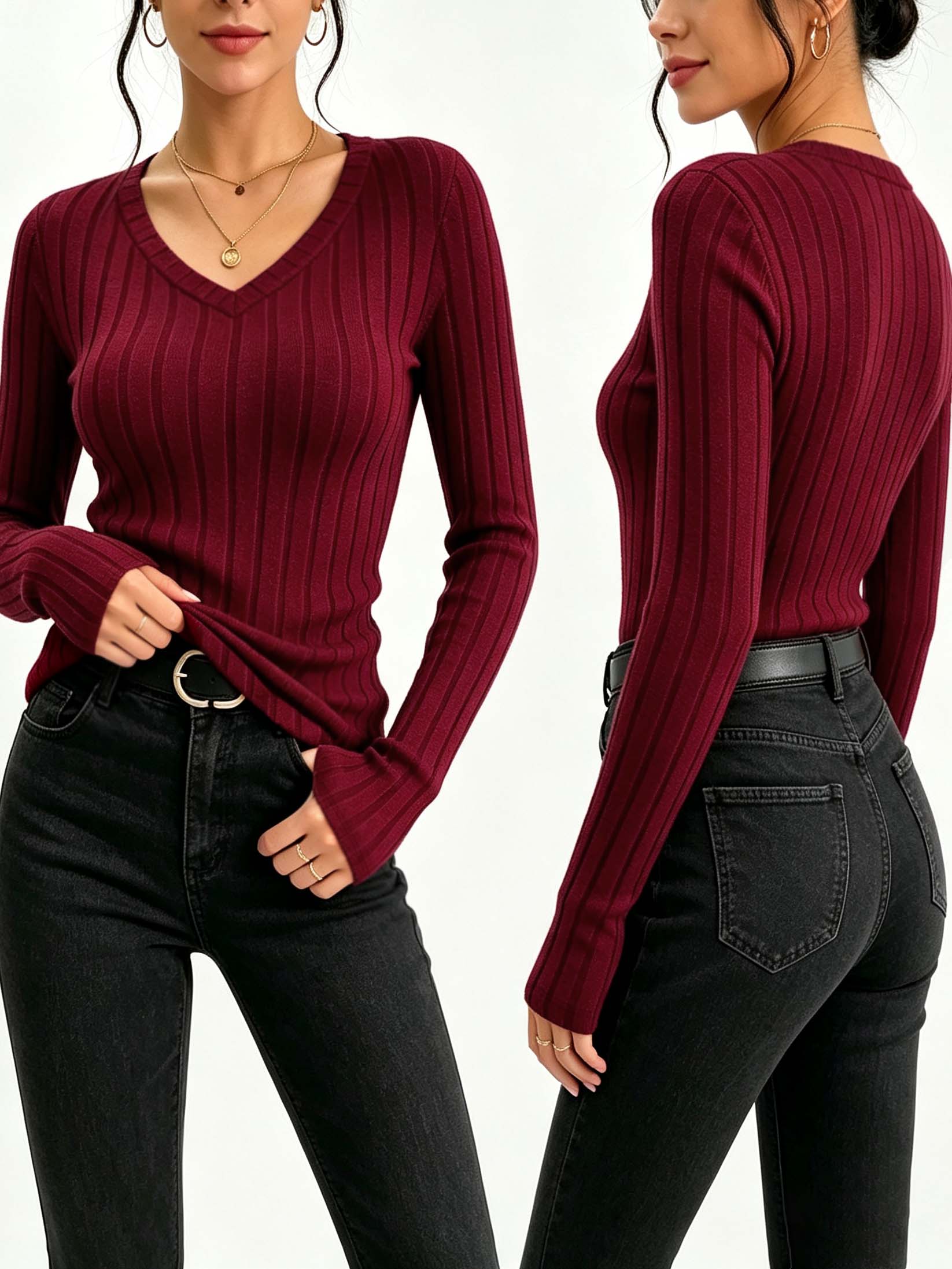 Blouses - Women Solid V‑Neck Ribbed Knit Top,