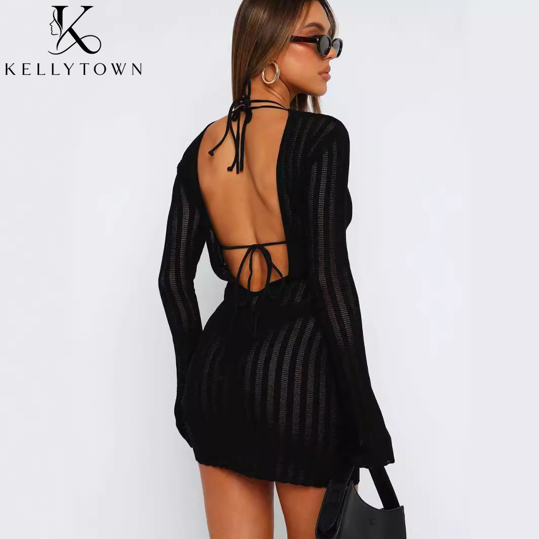 Bodycon Long Sleeve Ribbed Dress - Backless Dress Sexy Rib Knit Mini