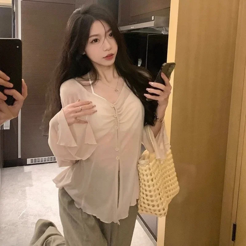 Blouses - Sheer Flare Sleeve Blouse - Y2K