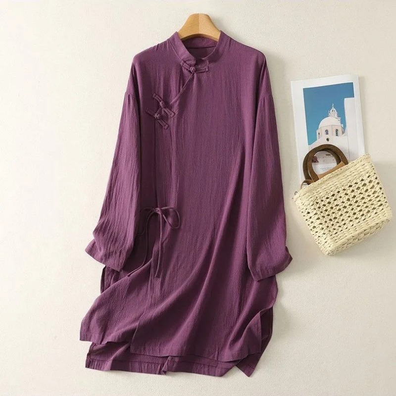 Casual Loose Linen Shirt Dress - Women's Chinese Style Frog Button Linen