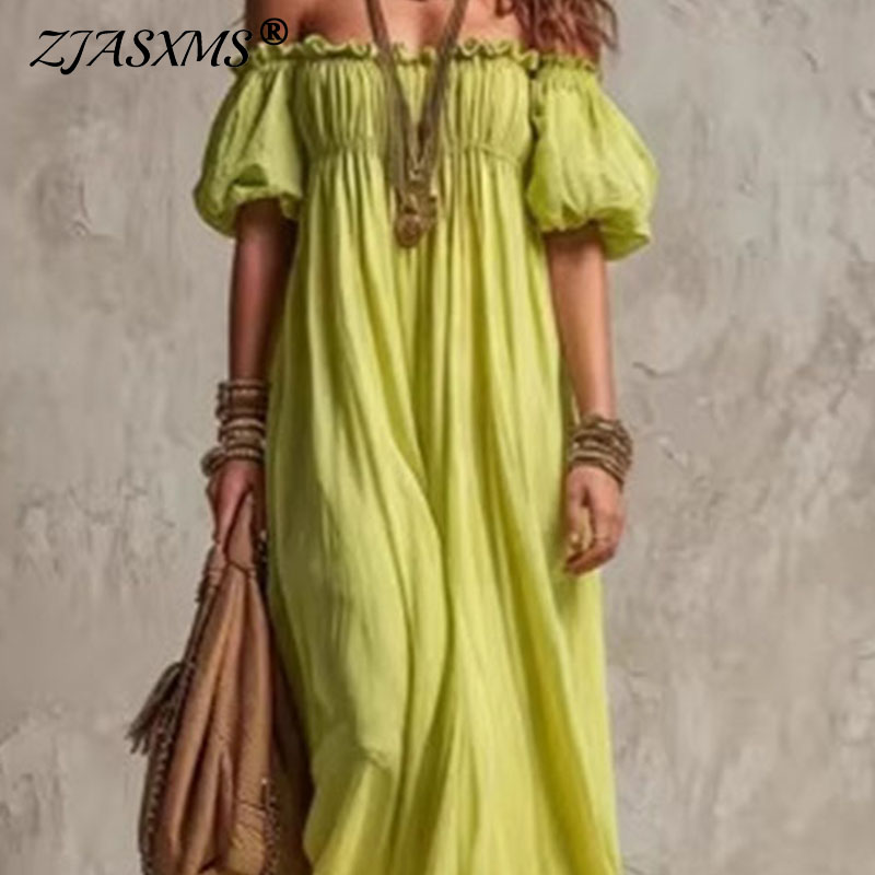 Off Shoulder Puff Sleeve Sundress - Women Elastic Waist Casual Vacation Sundress