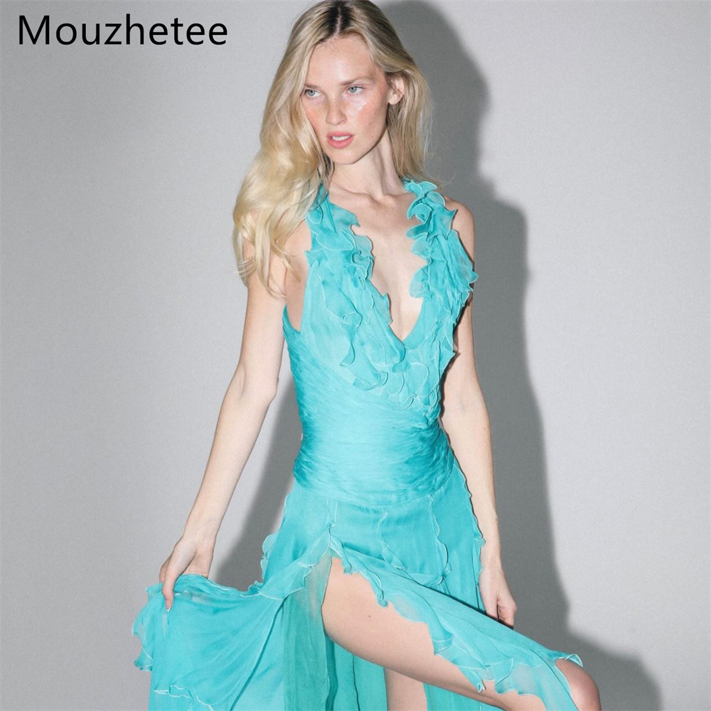 Elegant Satin Evening Gown Split - Mouzhetee Simple A-Line V-Neck Side Split