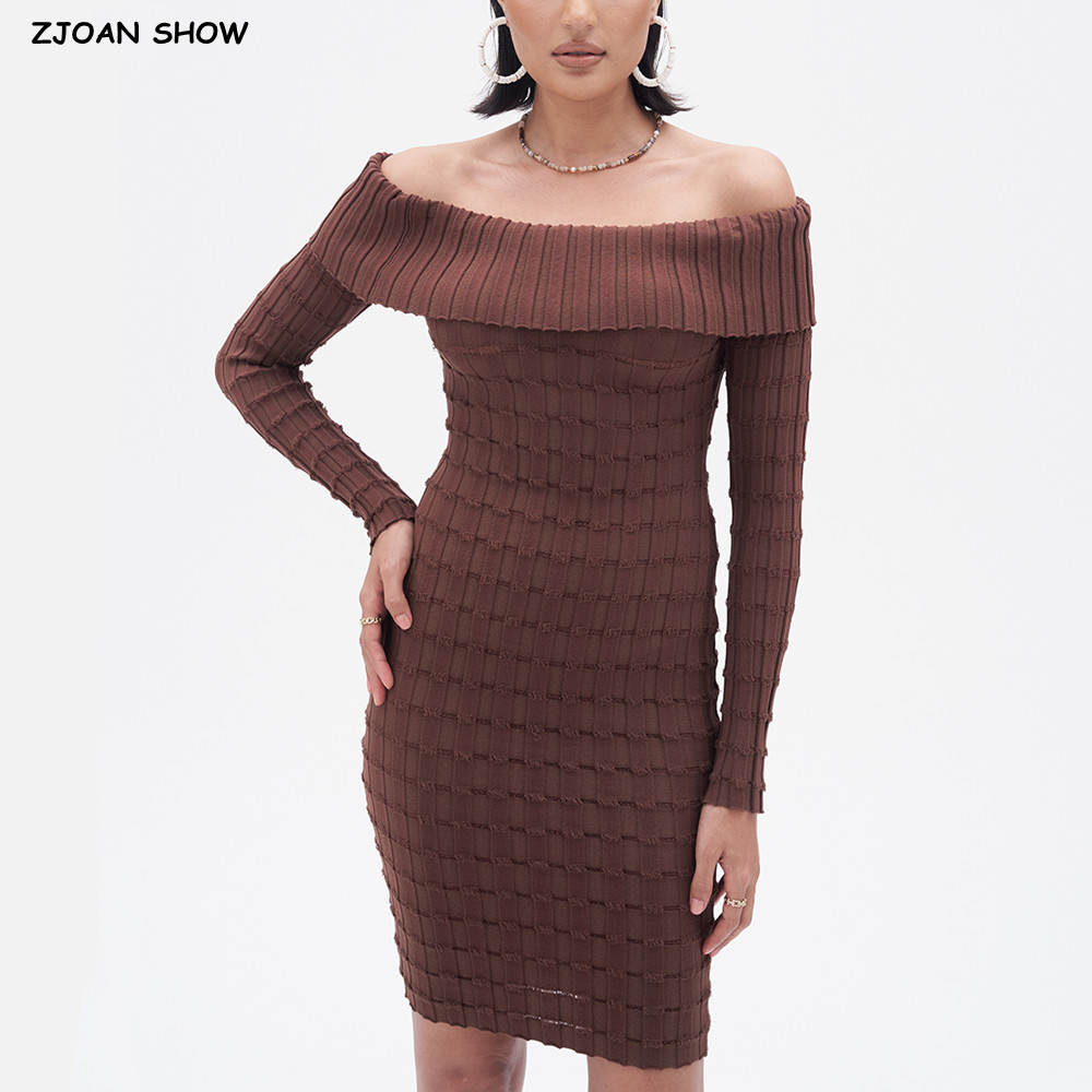 Bodycon Long Sleeve Ribbed Dress - 2025 Sexy Ruched Slash Shoulder Tassel