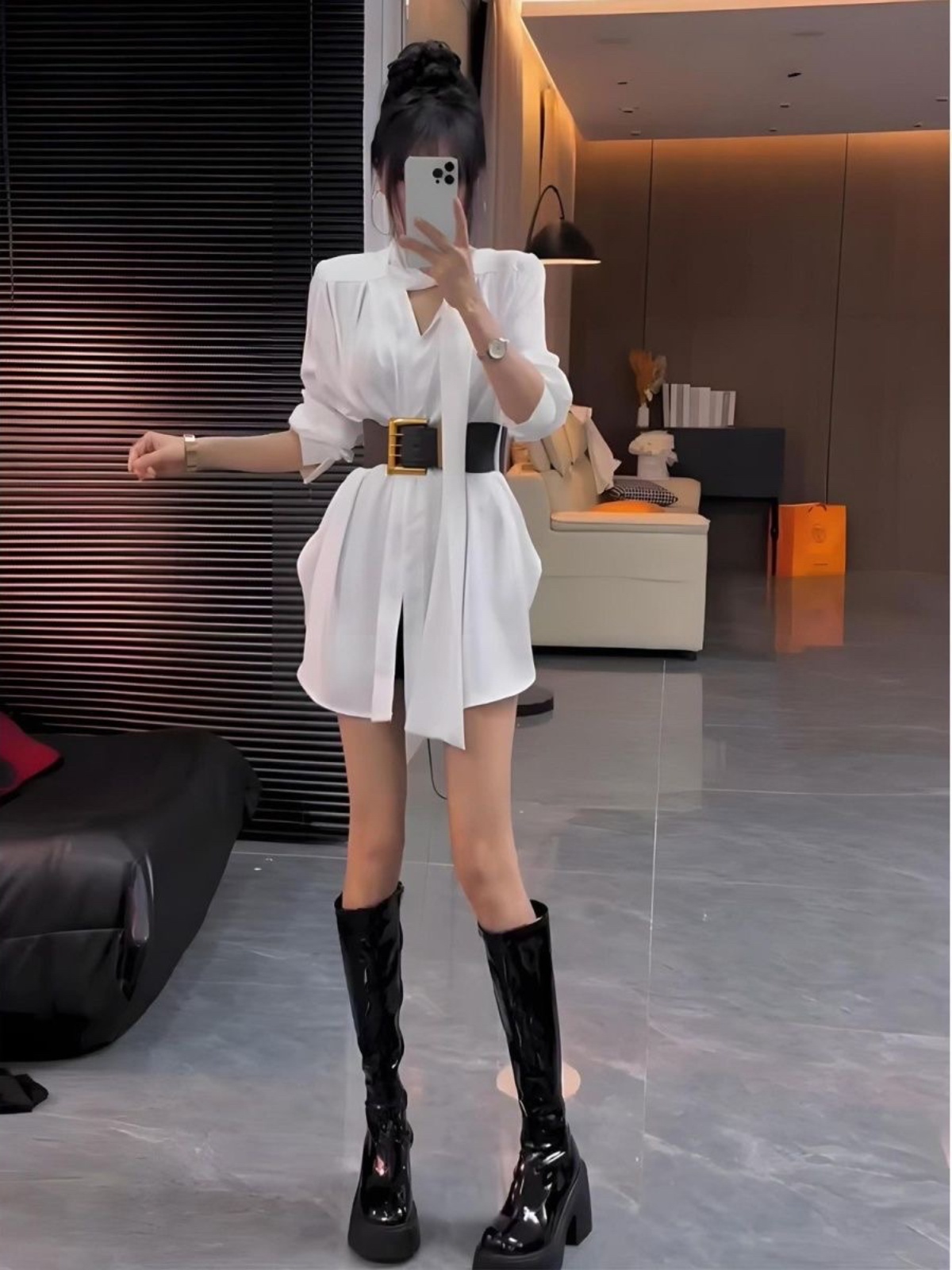 Korean Style A Line Shirt Dress - White Silk Shirt Dress Women's Autumn