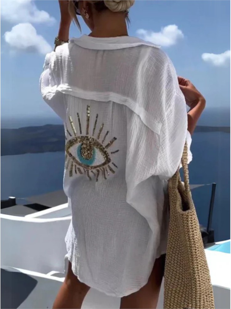 Casual Loose Linen Shirt Dress - Summer Casual Sequin Eye Shirt Dress