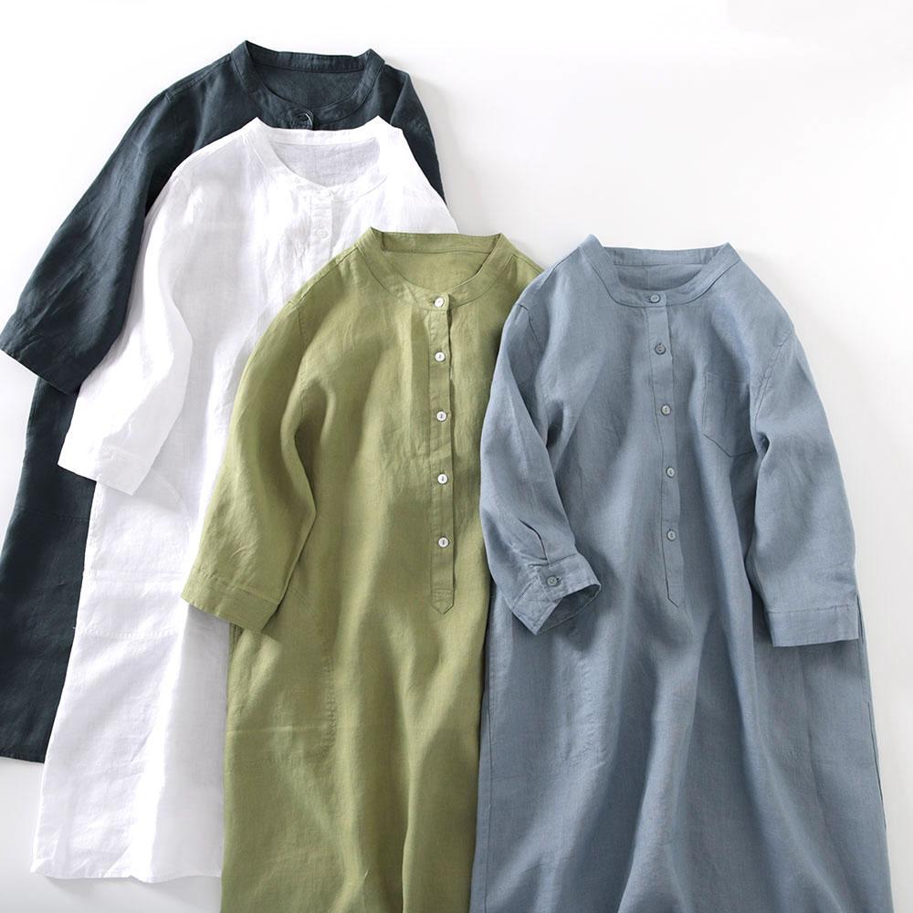 Casual Loose Linen Shirt Dress - Outlet Japanese Style Linen Shirt Dress
