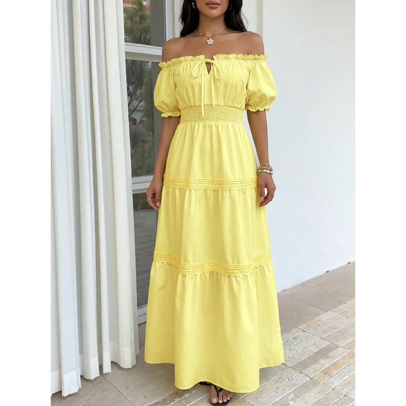 Off Shoulder Puff Sleeve Sundress - Summer Bohemian Women Yellow Off Shoulder