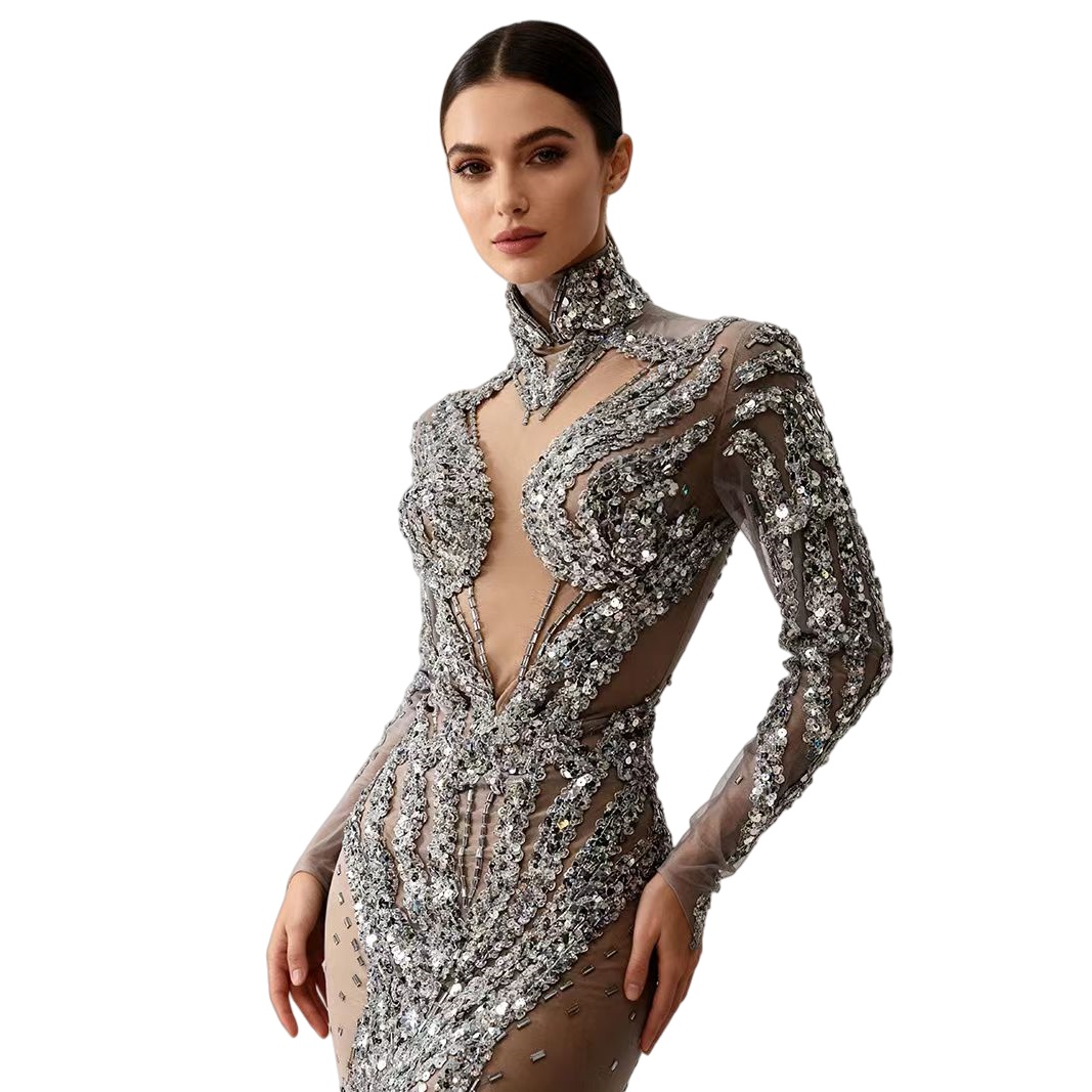 Sparkly Rhinestone Club Party Dress - Silver Sparkly Sequins See Through Bodycon