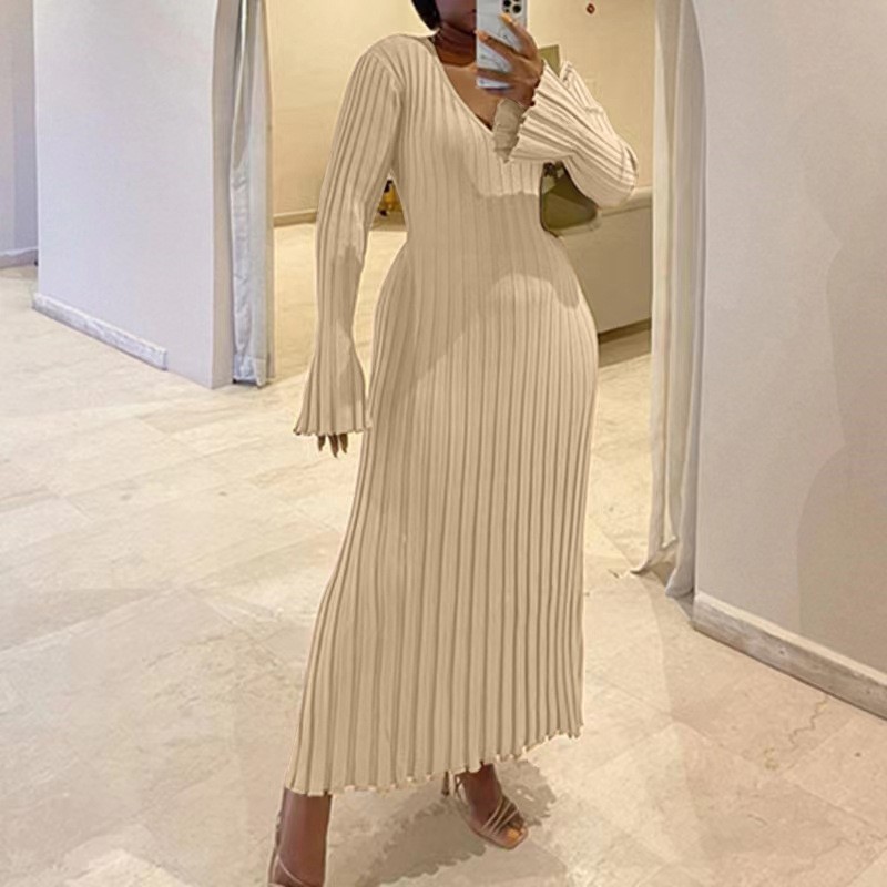 Bodycon Long Sleeve Ribbed Dress - Woman's Autumn V-Neck Knit Skirt Fashion