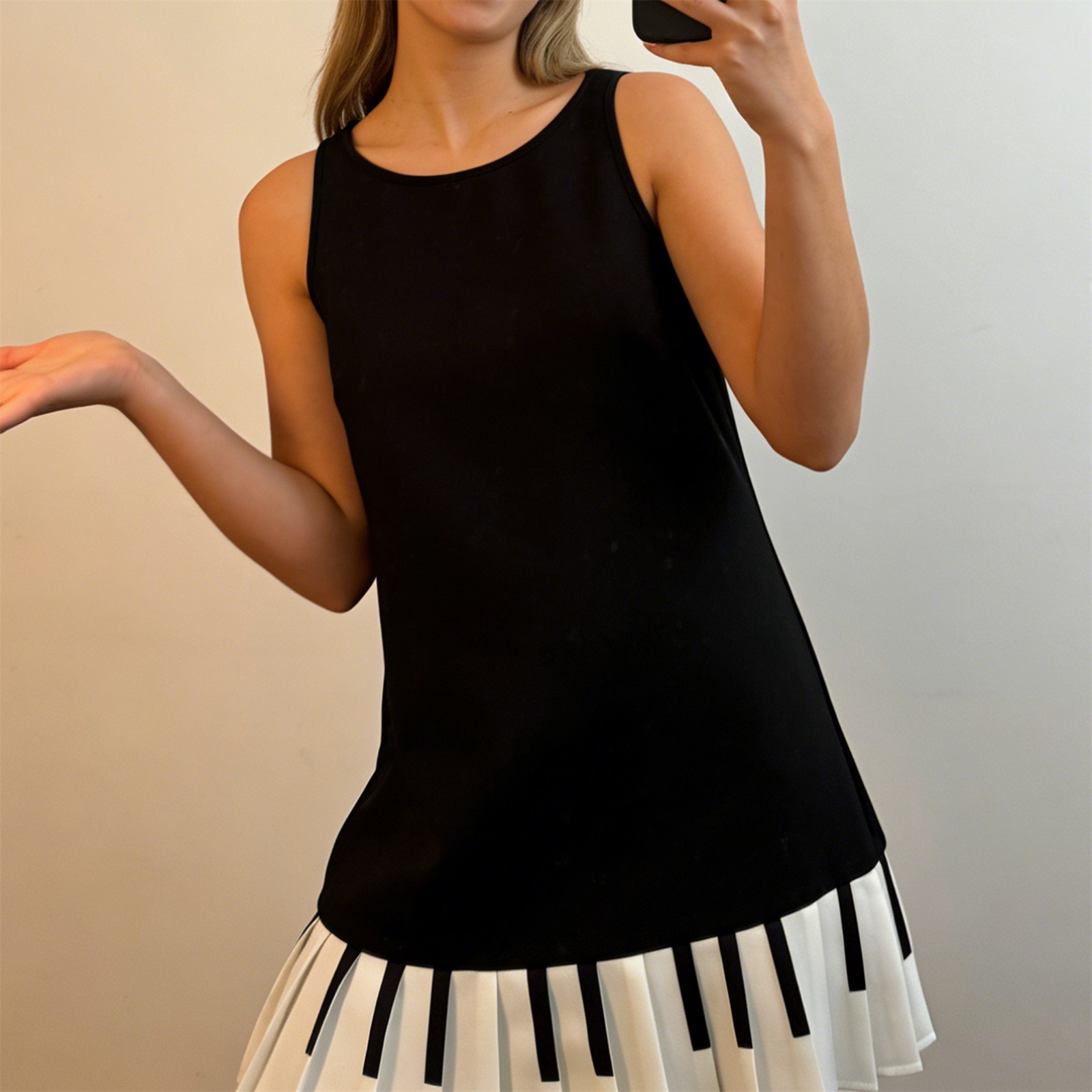 Y2K Backless Halter Mini Dress - Womens Y2K Piano Key Pleated Mini