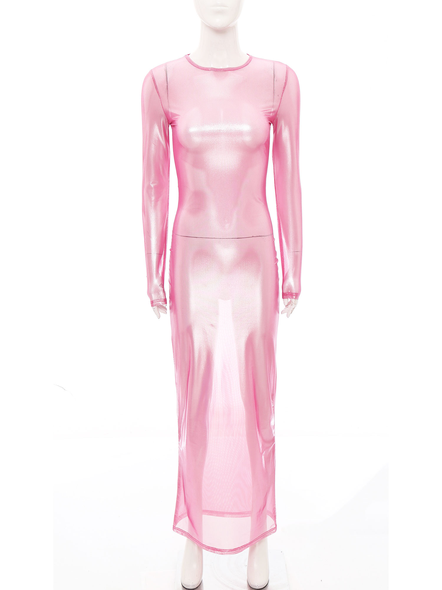 Sexy Mesh Sheer Bodycon Dress - Womens Shiny Metallic Sheer Long Dress