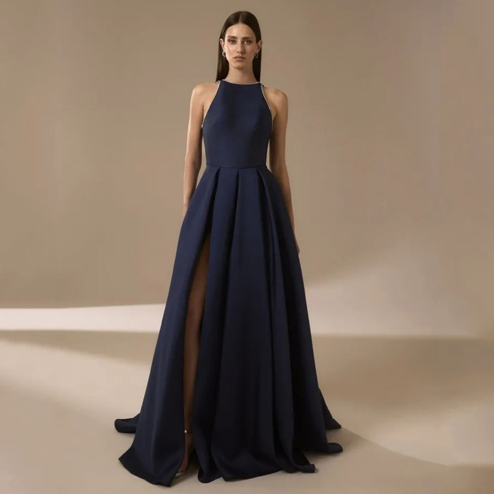Elegant Satin Evening Gown Split - Navy Blue Satin Evening Dresses for