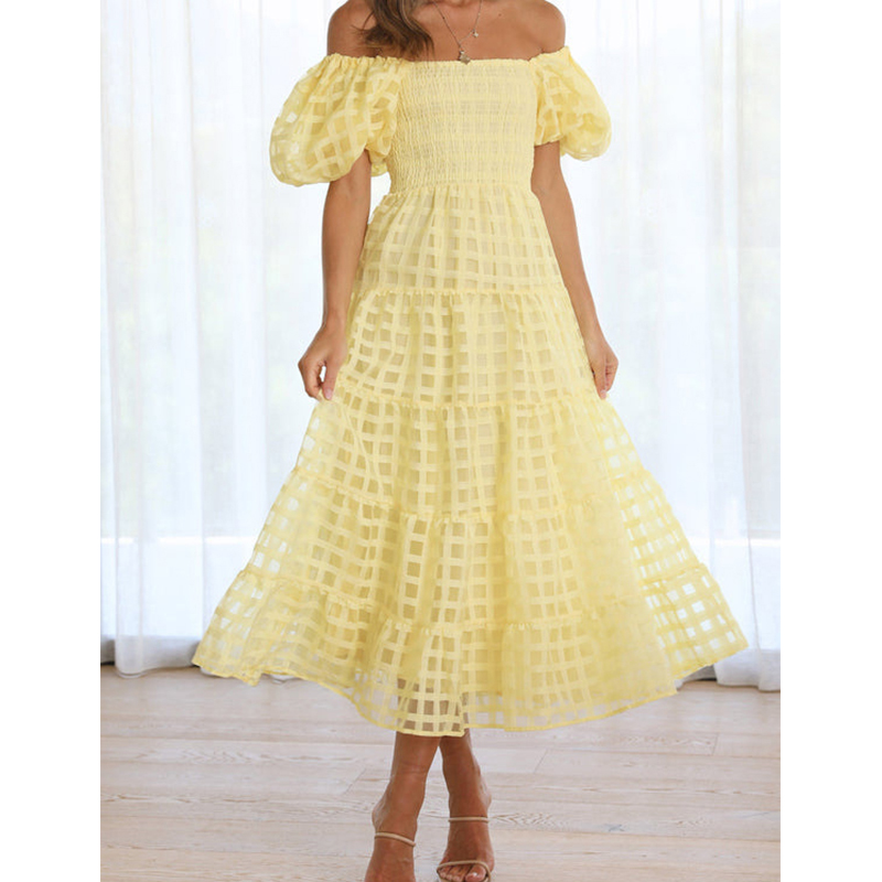 Off Shoulder Puff Sleeve Sundress - Elegant Off Shoulder Women's Summer Long