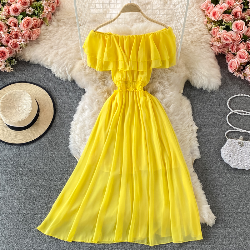 Yellow Solid Women's Beach Dre - Off Shoulder Puff Sleeve Sundress ulasan dan harga