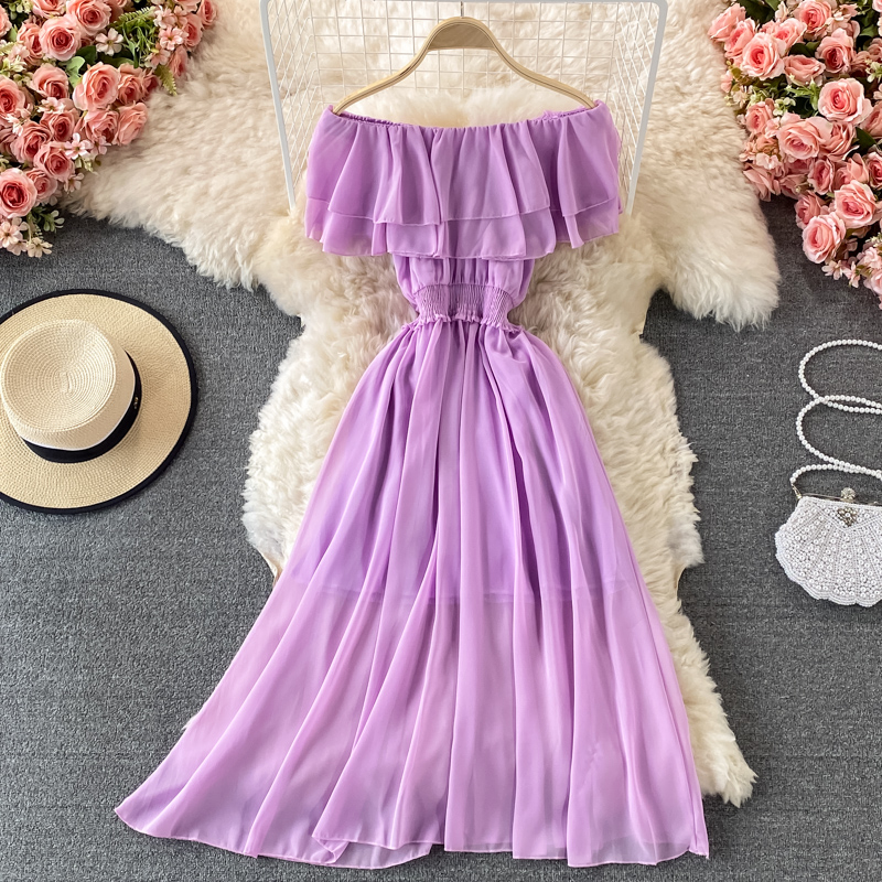 Yellow Solid Women's Beach Dre - Off Shoulder Puff Sleeve Sundress ulasan dan harga