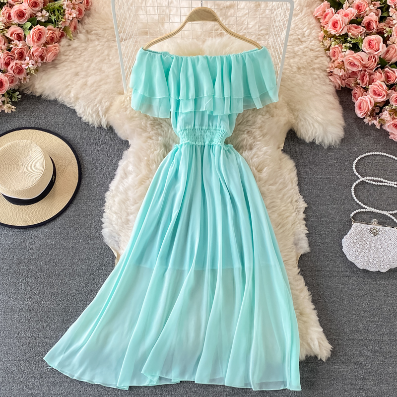 Yellow Solid Women's Beach Dre - Off Shoulder Puff Sleeve Sundress ulasan dan harga