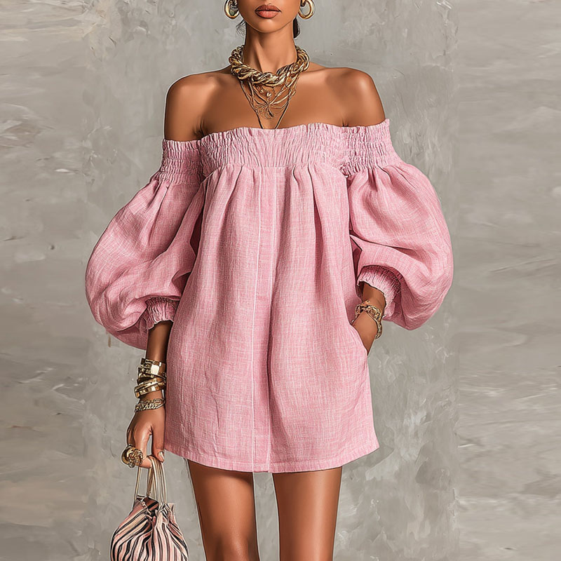 Women's Solid Off Shoulder New - Off Shoulder Puff Sleeve Sundress ulasan dan harga