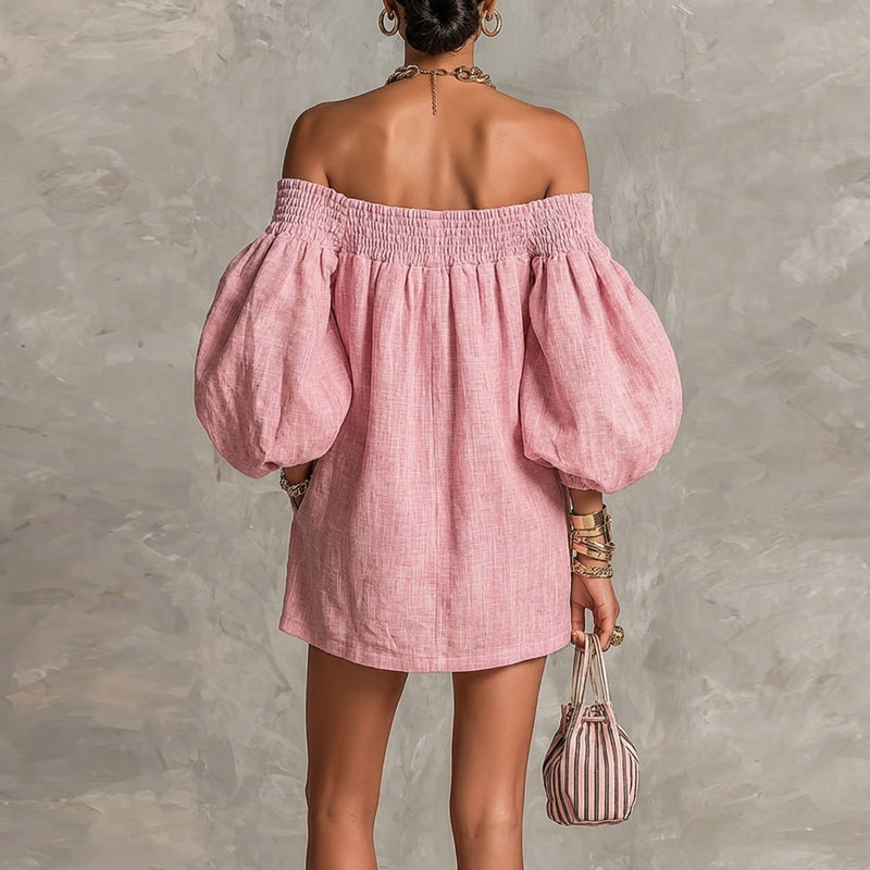 Women's Solid Off Shoulder New - Off Shoulder Puff Sleeve Sundress ulasan dan harga