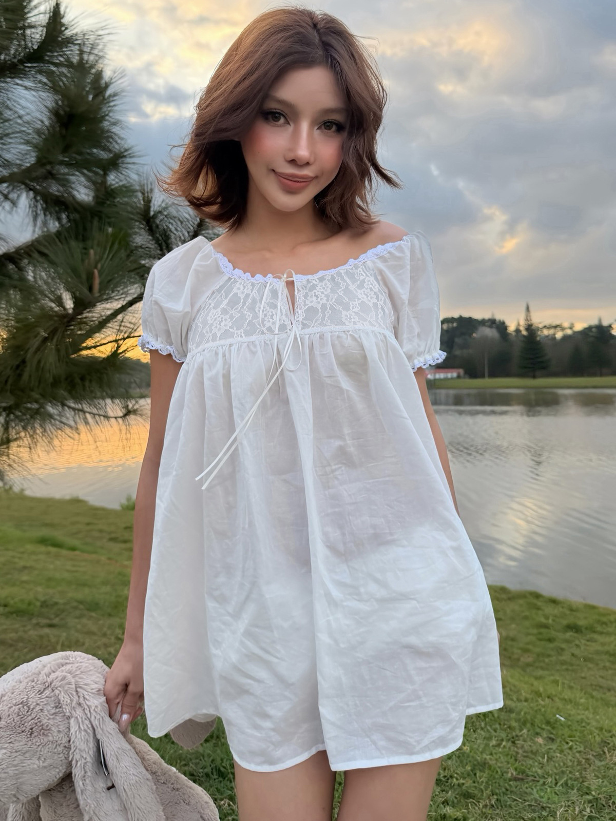 White Off Shoulder Lace Babydo - Off Shoulder Puff Sleeve Sundress ulasan dan harga