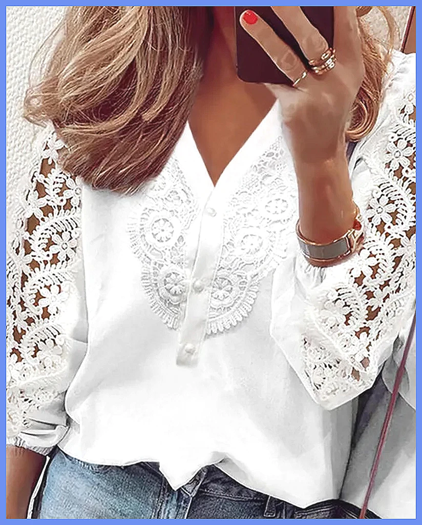 Elegant White Lace Hollow Pane - Blouses ulasan dan harga