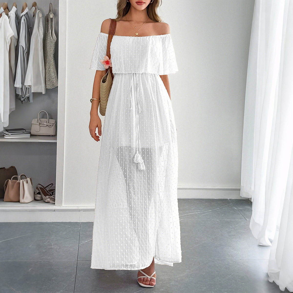 Elegant Women's Summer Casual  - Off Shoulder Puff Sleeve Sundress ulasan dan harga