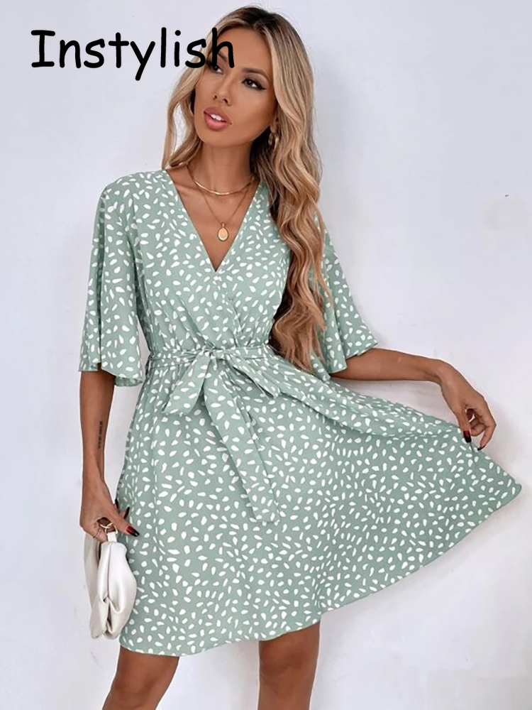 Casual Dot Print Mini Dress wi - French Vintage Floral Midi Dress ulasan dan harga