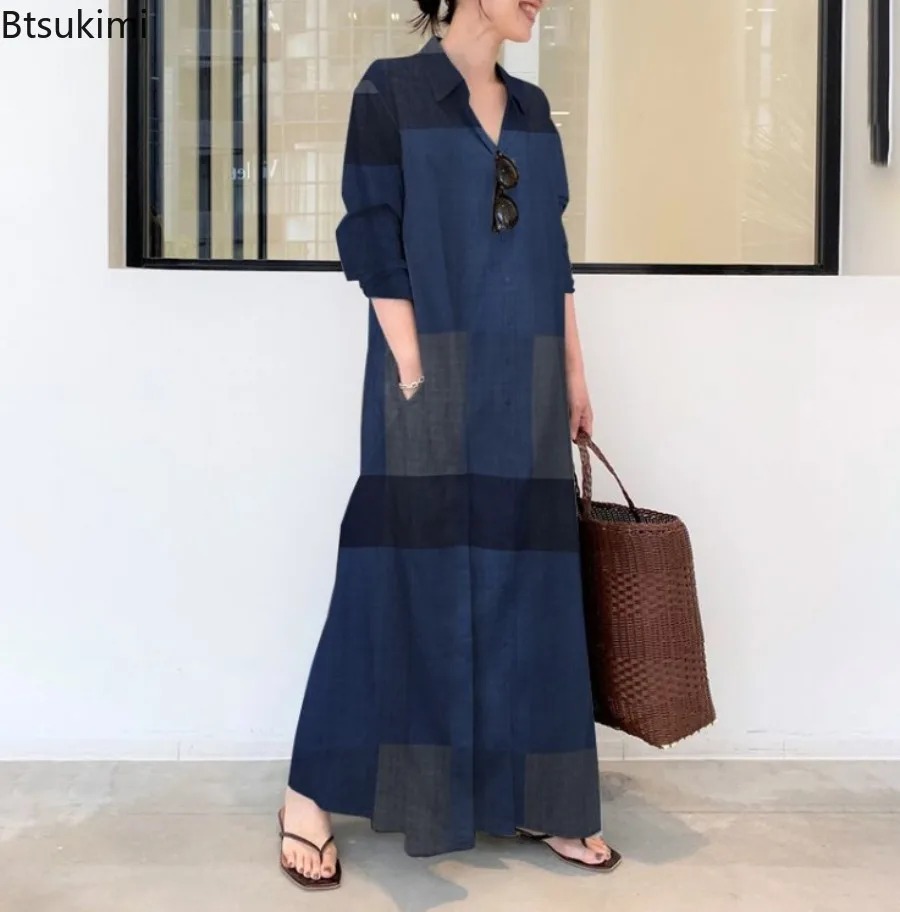 Fashion New Shirt Dress Women  - Casual Loose Linen Shirt Dress ulasan dan harga