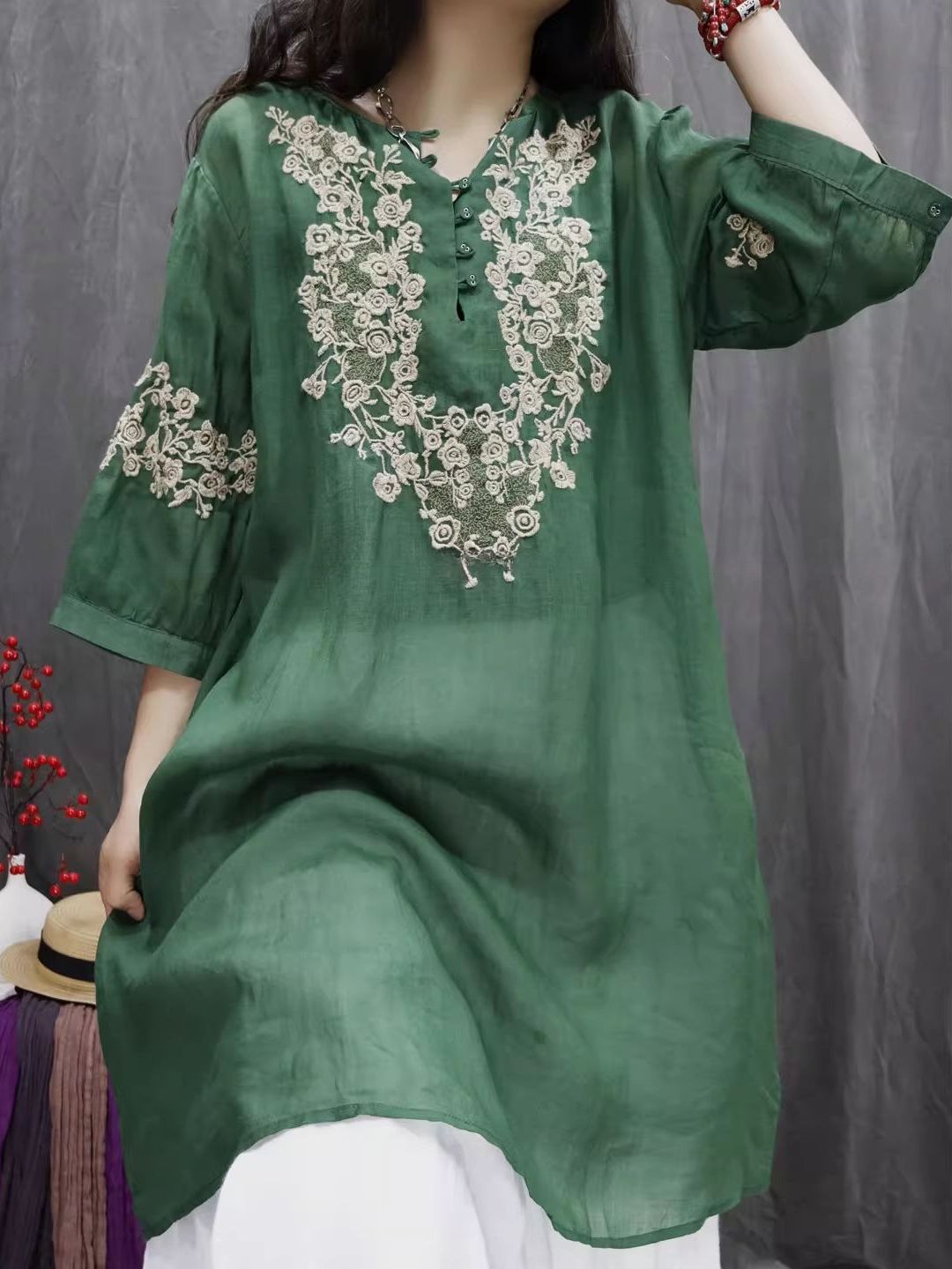 Retro Cotton Linen Embroidered - Casual Loose Linen Shirt Dress ulasan dan harga