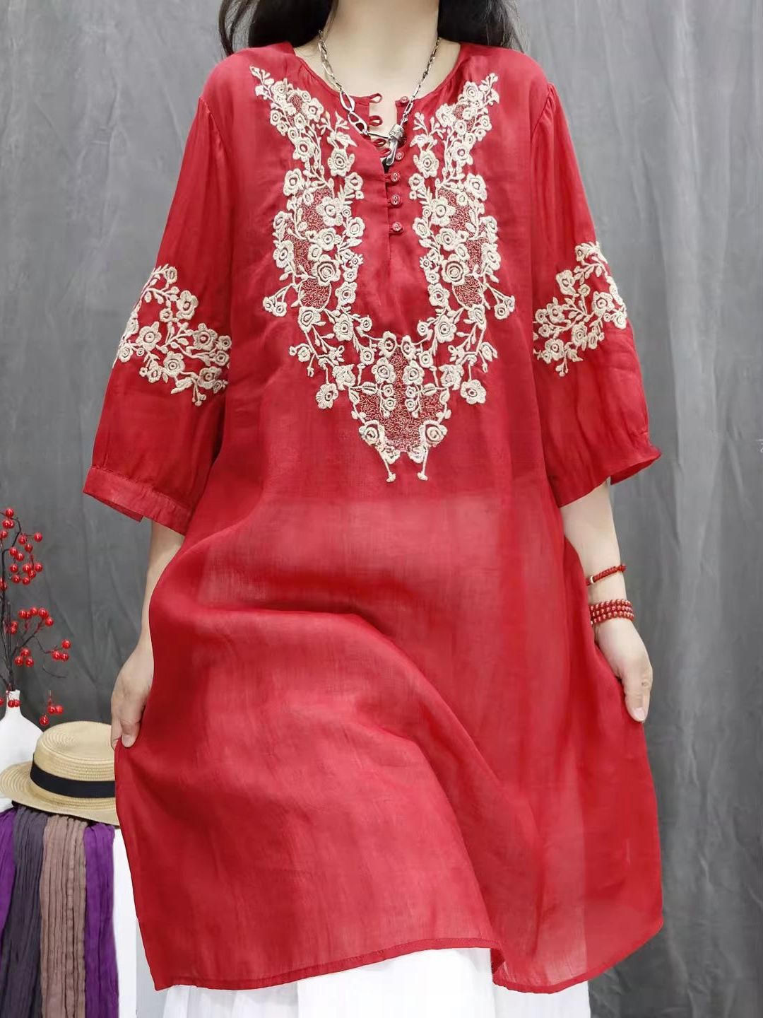 Retro Cotton Linen Embroidered - Casual Loose Linen Shirt Dress ulasan dan harga