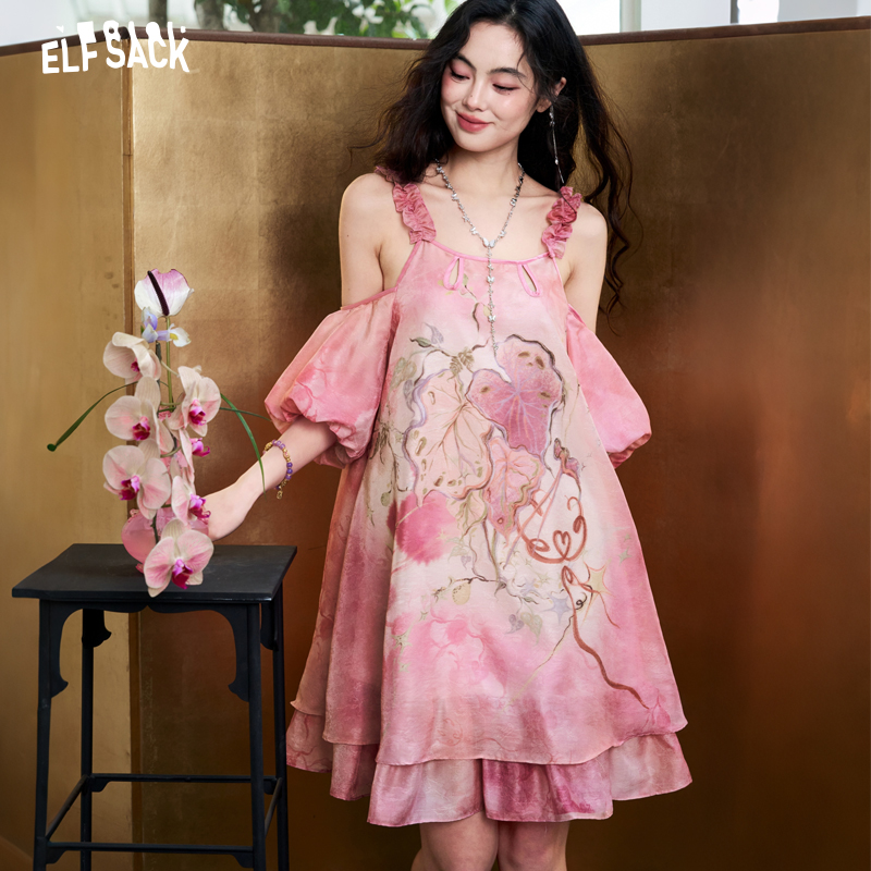 ELFSACK Women's Tie-Dye Jacqua - Off Shoulder Puff Sleeve Sundress ulasan dan harga