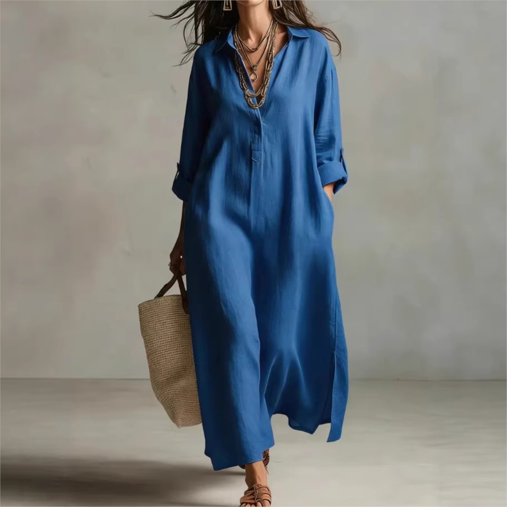 Women Vintage Linen Shirt Dres - Casual Loose Linen Shirt Dress ulasan dan harga