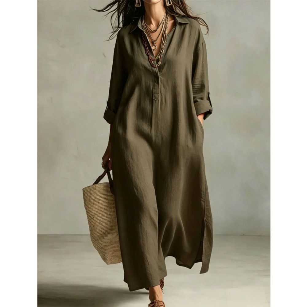 Women Vintage Linen Shirt Dres - Casual Loose Linen Shirt Dress ulasan dan harga