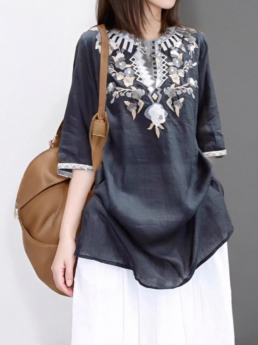 Elegant Embroidered Linen Shir - Casual Loose Linen Shirt Dress ulasan dan harga
