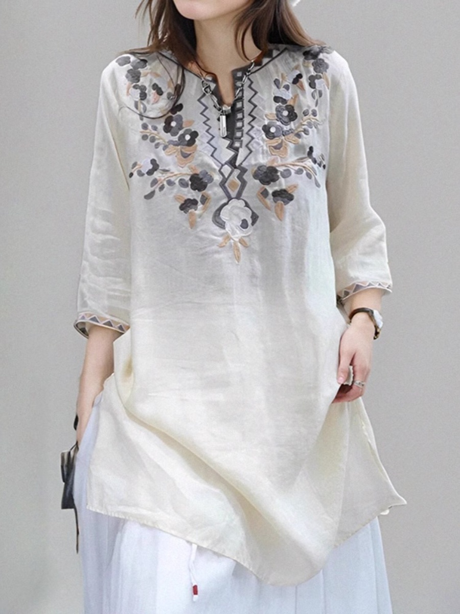 Elegant Embroidered Linen Shir - Casual Loose Linen Shirt Dress ulasan dan harga