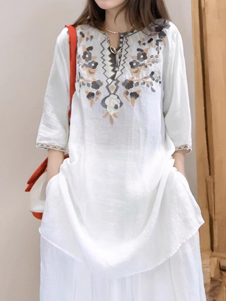 Elegant Embroidered Linen Shir - Casual Loose Linen Shirt Dress ulasan dan harga