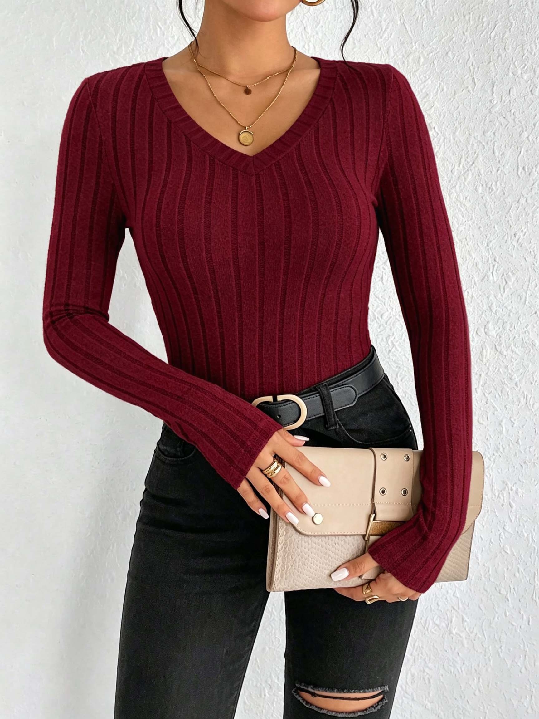 Women Solid V‑Neck Ribbed Knit - Blouses ulasan dan harga
