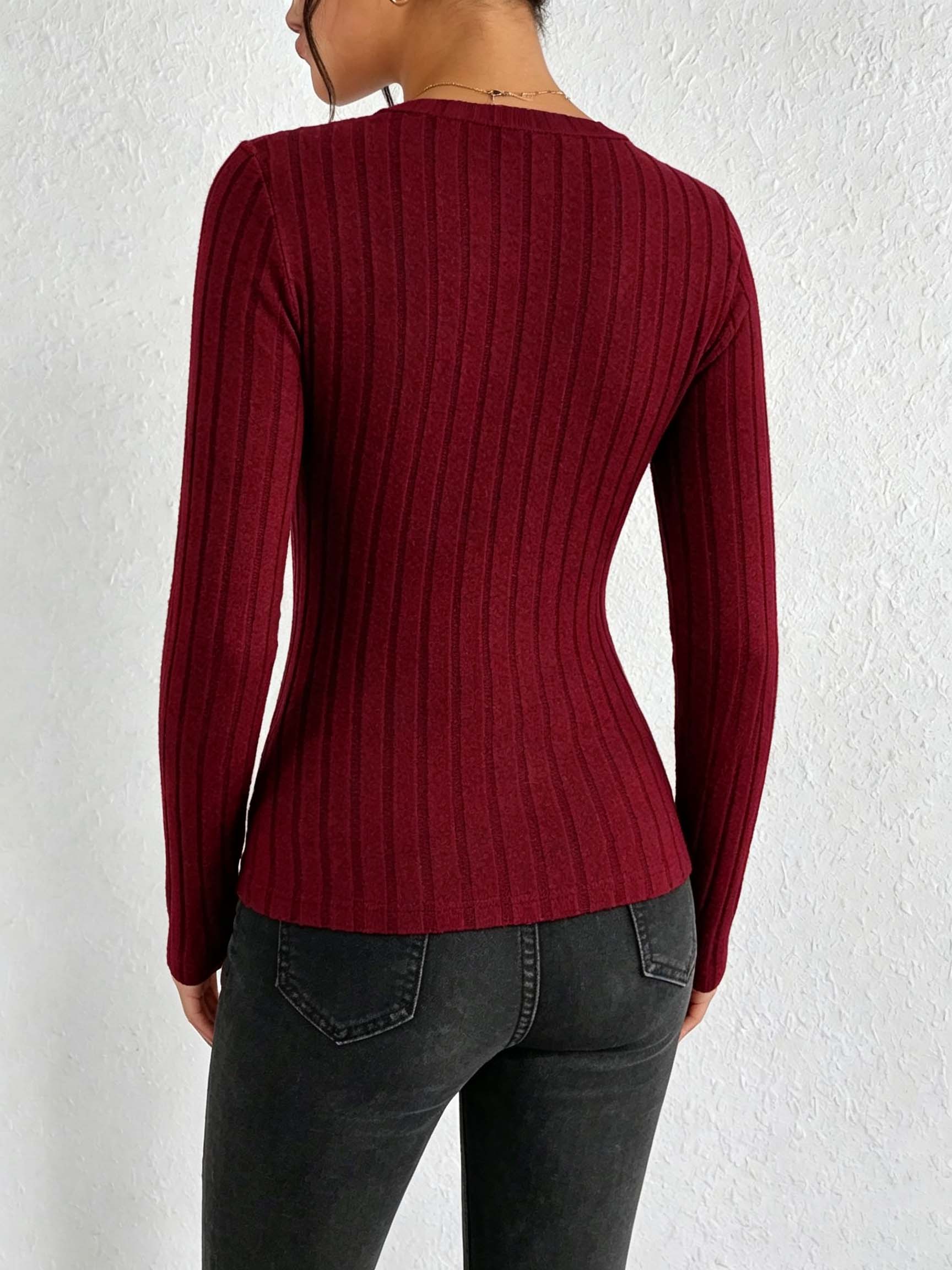 Women Solid V‑Neck Ribbed Knit - Blouses ulasan dan harga