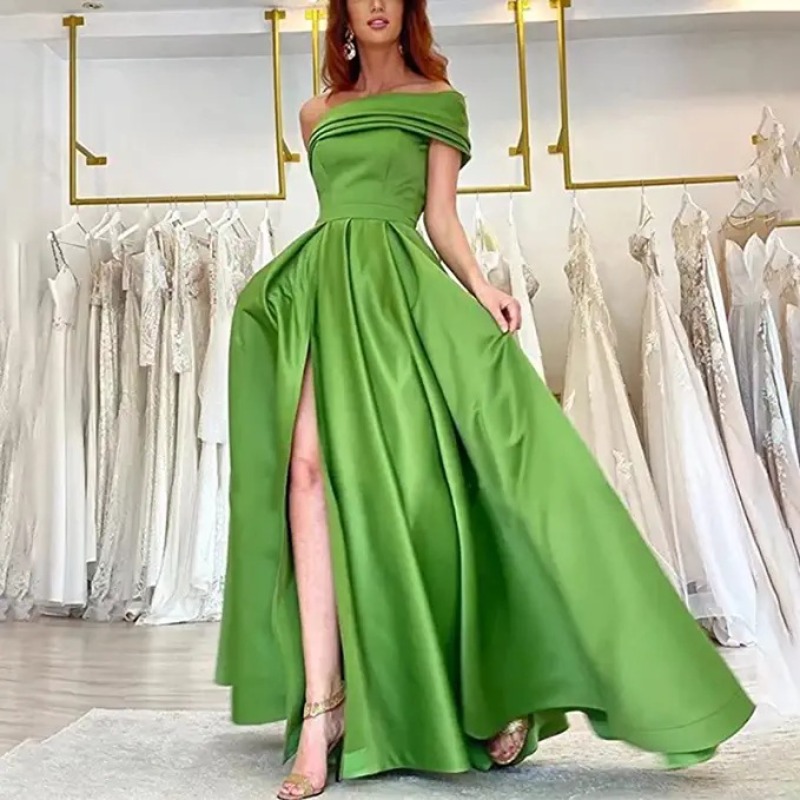 Elegant Off Shoulder Satin Eve - Elegant Satin Evening Gown Split ulasan dan harga