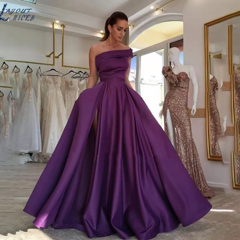Elegant Off Shoulder Satin Eve - Elegant Satin Evening Gown Split ulasan dan harga